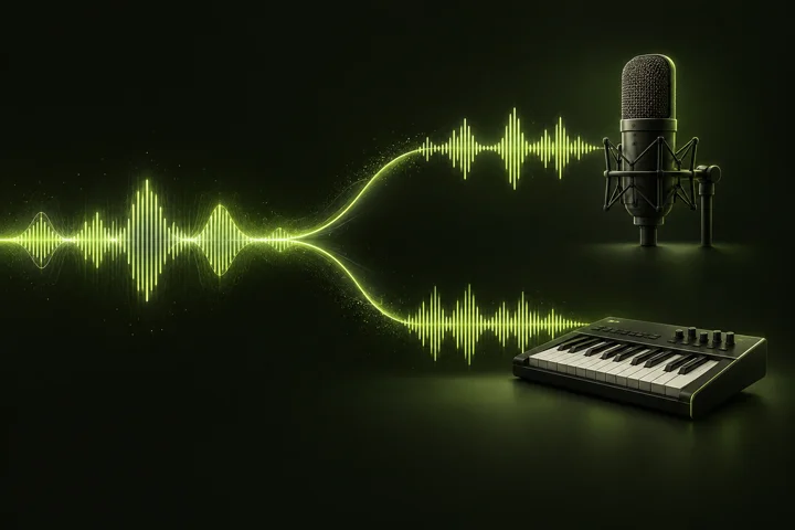 AI-generated illustration of an audio waveform splitting toward a vocal microphone and an instrumental keyboard