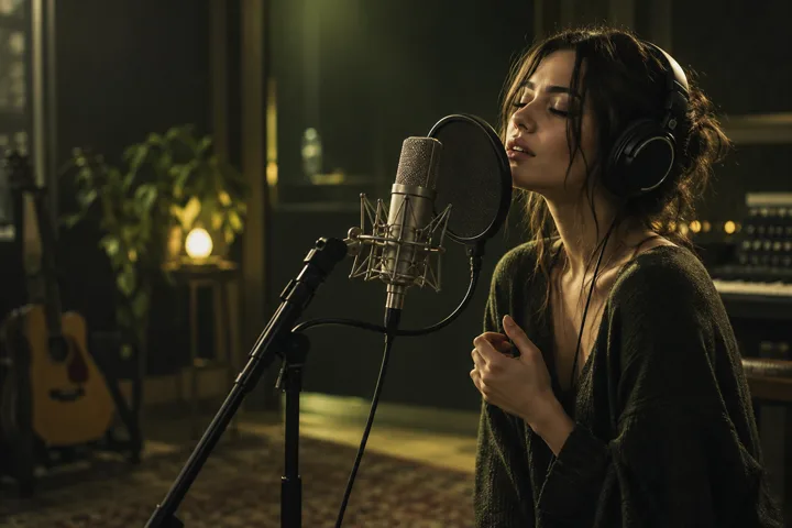 AI-generated scene of a singer recording with headphones