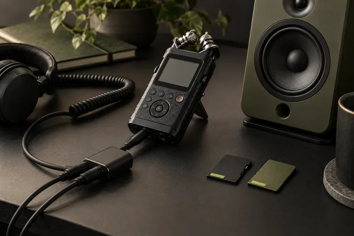 AI illustration of a digital recorder and audio file cards