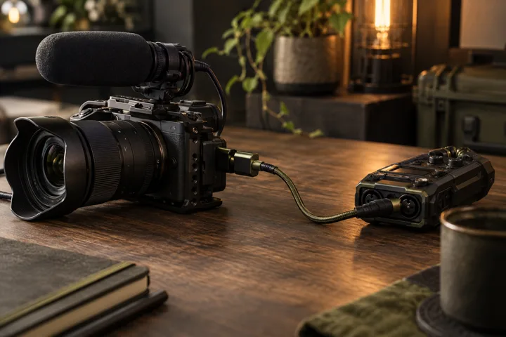 AI scene of a video camera connected to an audio recorder