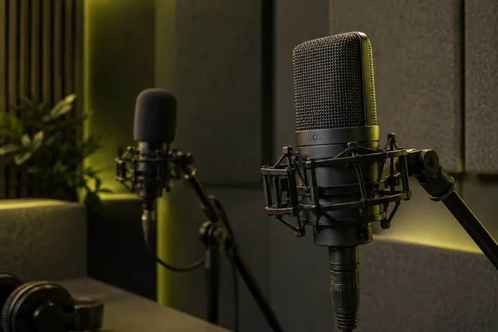 AI scene of two microphones at different depths in a recording booth