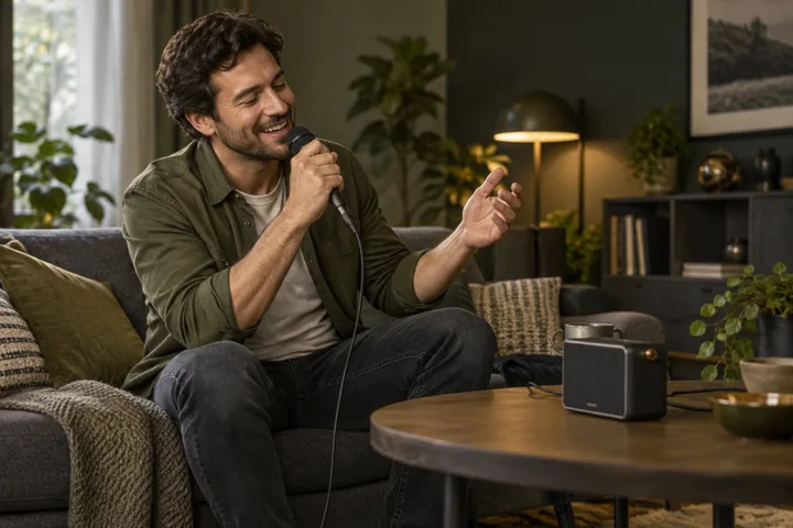 AI scene of a singer rehearsing karaoke at home
