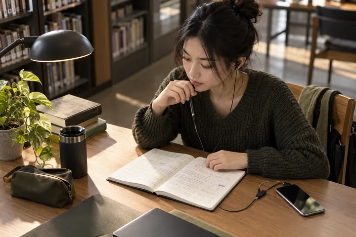 AI scene of a language learner listening and taking notes