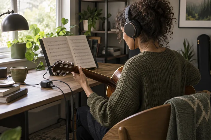 AI scene of a guitarist learning from sheet music