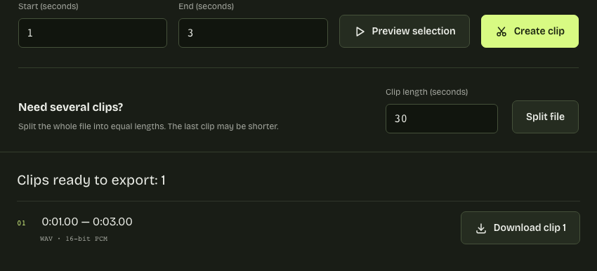 Create, download, then check Created WAV clip showing the 0:01 to 0:03 interval and Download clip button