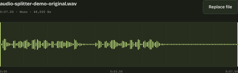 Check the opened recording Seven-second mono demonstration recording opened with file information and waveform