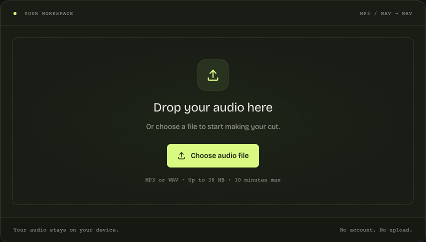 Open the browser audio cutter StemNook audio cutter file selection workspace