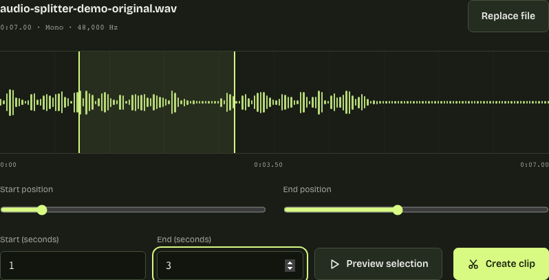 Keep seconds 1 through 3 Audio cutter start set to 1 second and end to 3 seconds, keeping two seconds