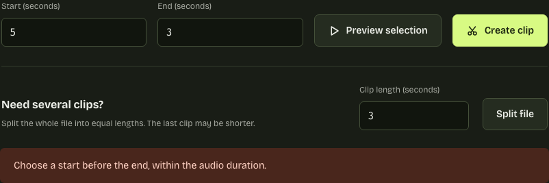 Correct the time order Audio cutter error when start at 5 seconds is later than end at 3 seconds