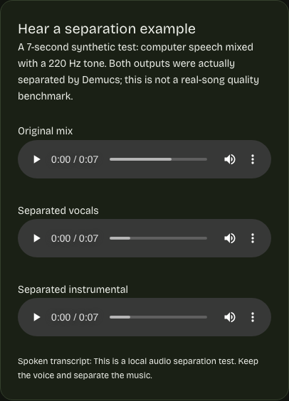 Homepage demonstration players for original audio, vocals and instrumental