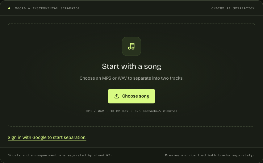 StemNook homepage vocal and instrumental separation workspace before choosing a song