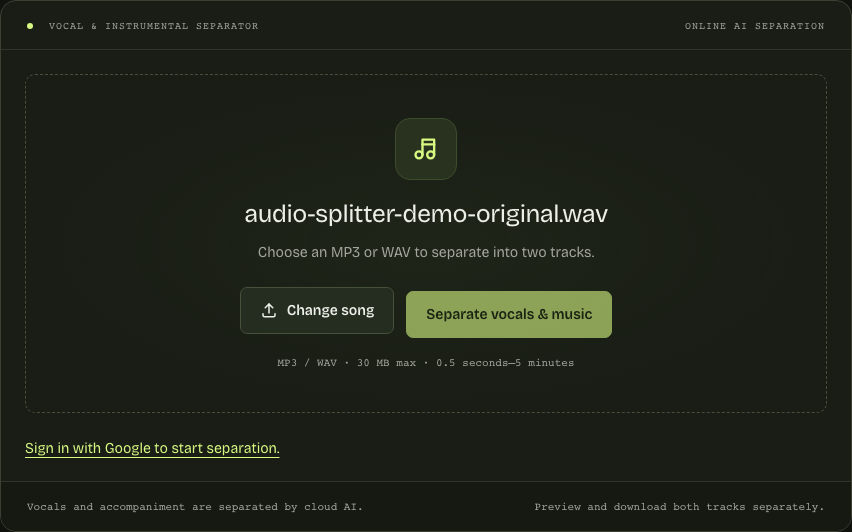 Earlier homepage capture with the seven-second demo selected and processing unavailable