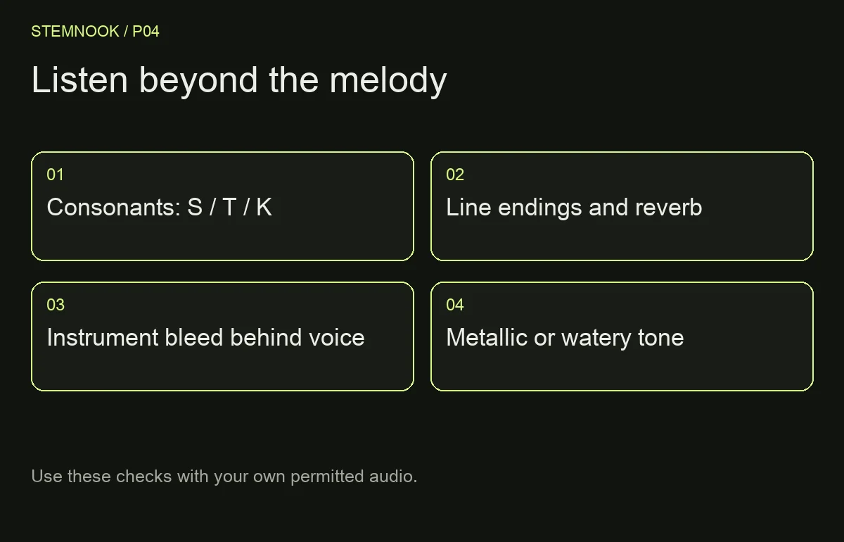 Listen beyond the melody: Consonants: S / T / K; Line endings and reverb; Instrument bleed behind voice; Metallic or watery tone