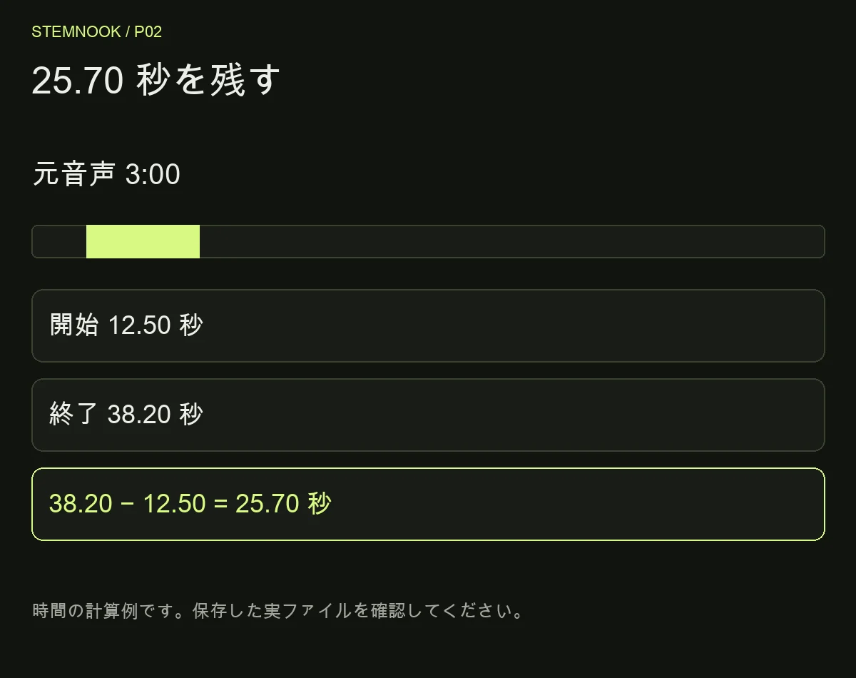 25.70 秒を残す: 元音声 3:00; 開始 12.50 秒; 終了 38.20 秒; 38.20 − 12.50 = 25.70 秒