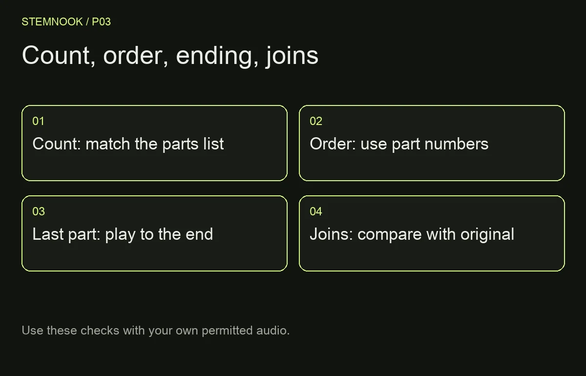 Count, order, ending, joins: Count: match the parts list; Order: use part numbers; Last part: play to the end; Joins: compare with original