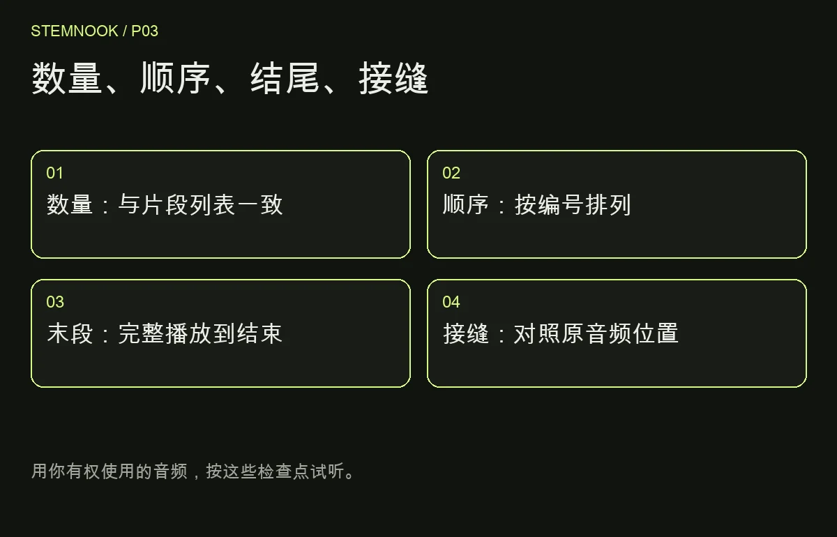 数量、顺序、结尾、接缝 数量、顺序、结尾、接缝: 数量:与片段列表一致; 顺序:按编号排列; 末段:完整播放到结束; 接缝:对照原音频位置