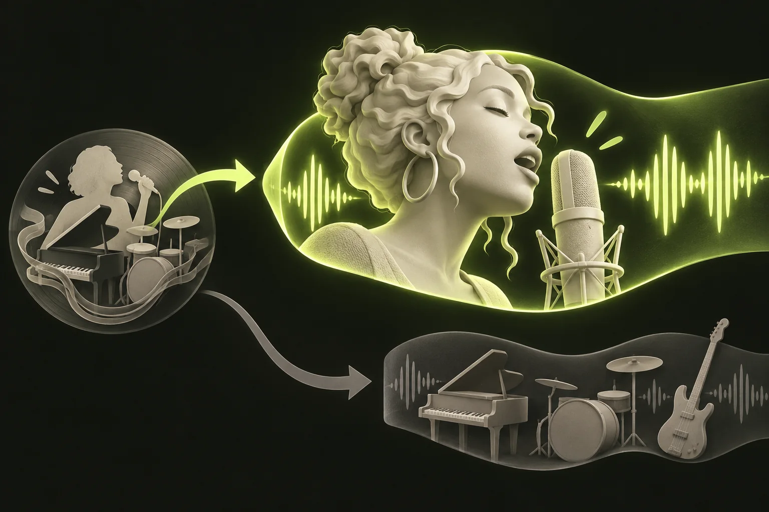 A microphone and singer are emphasized in the vocal output, while the instrumental output remains a separate, quieter bundle.
