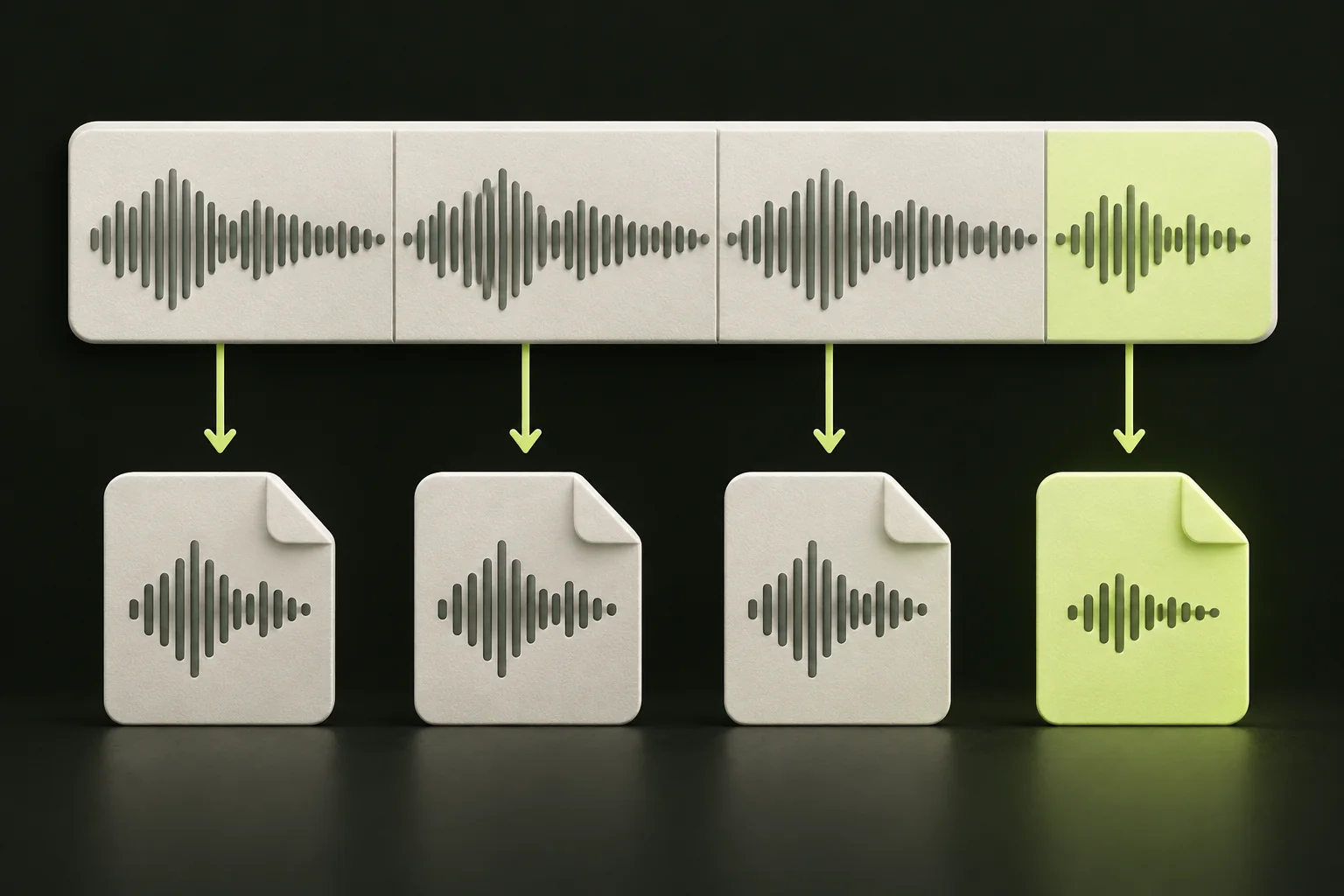 One recording maps to four separate files; three sections are the same length and the final section is shorter.