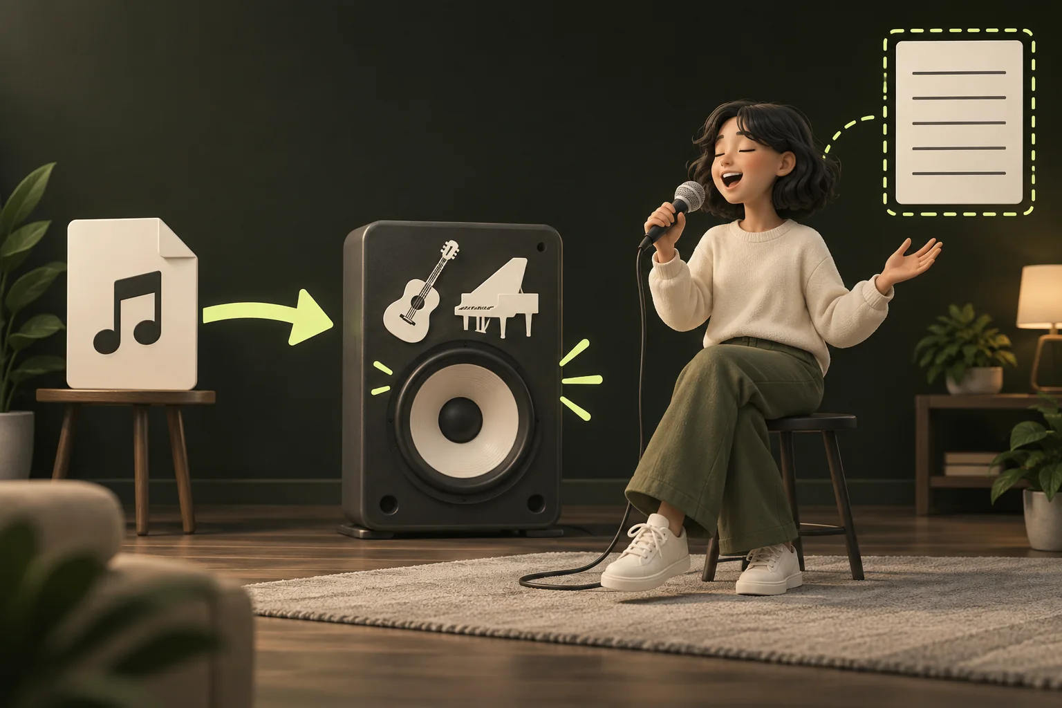 A song leads to an accompaniment speaker and a person practicing singing, with a lyric sheet separate from the audio workflow.