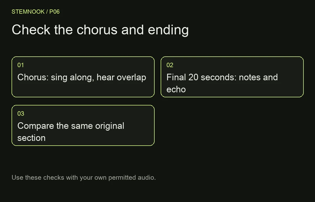 Check the chorus and ending: Chorus: sing along, hear overlap; Final 20 seconds: notes and echo; Compare the same original section