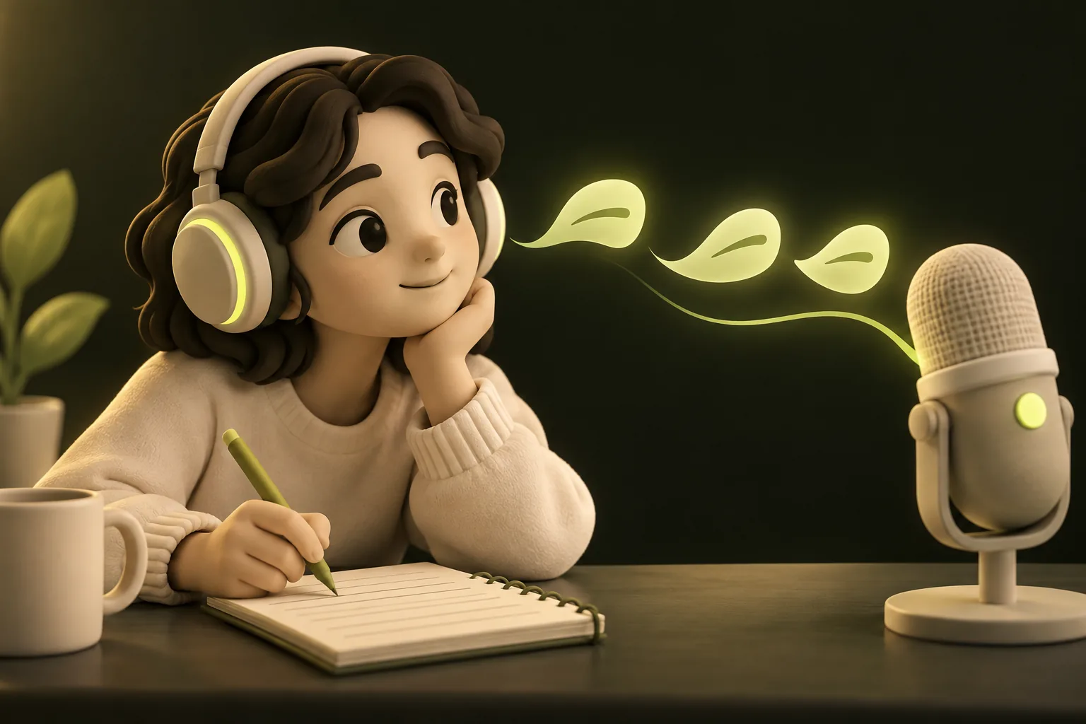 A listener with headphones follows the phrasing of a vocal track beside a blank study notebook.