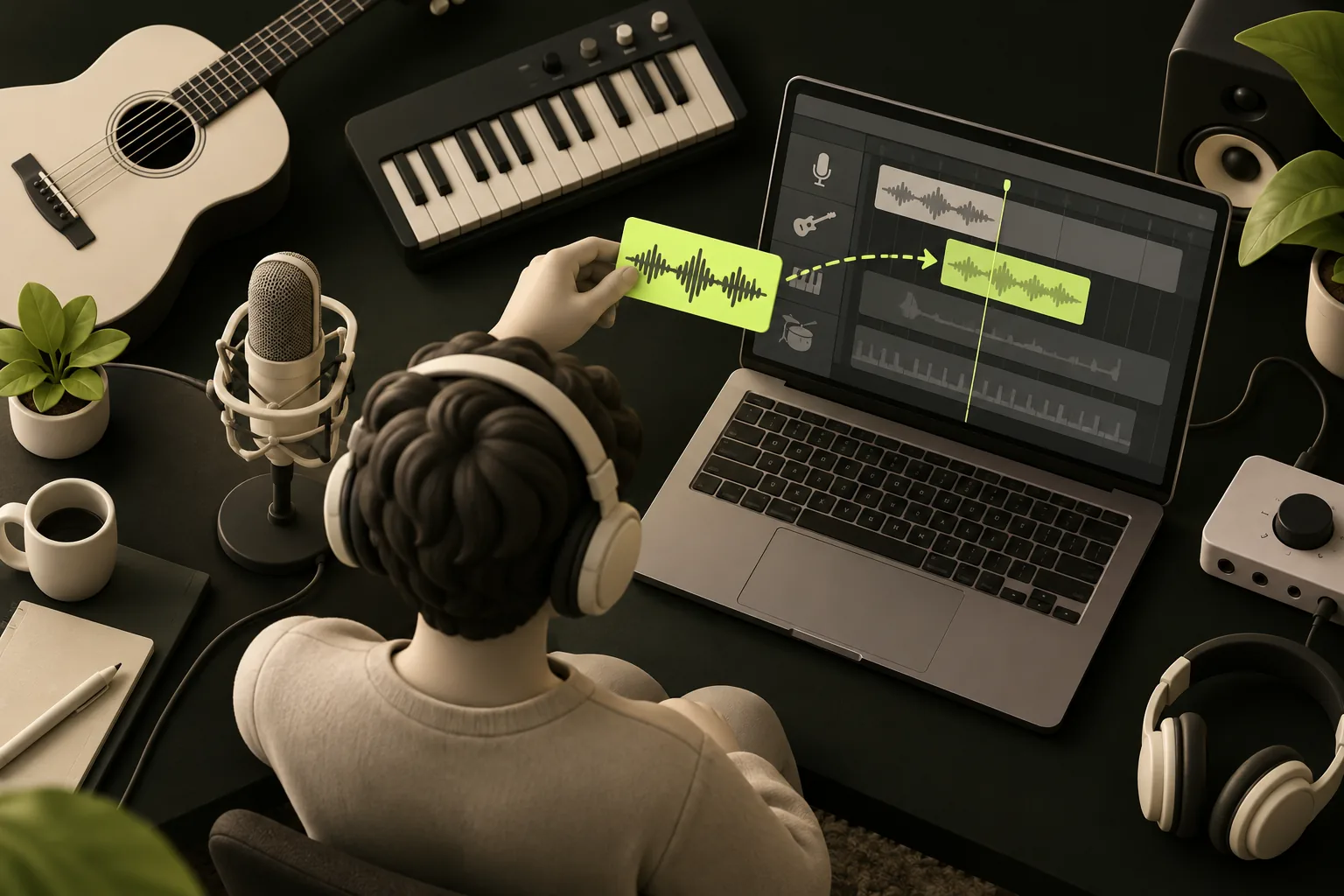 A person takes a vocal from their own microphone recording into a separate music editing project.