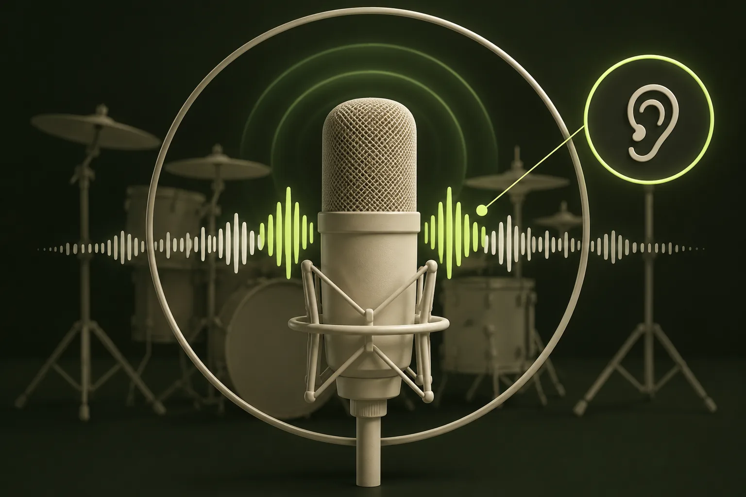 A vocal ribbon includes a faint drum trace and echo rings, illustrating possible bleed and reverb.