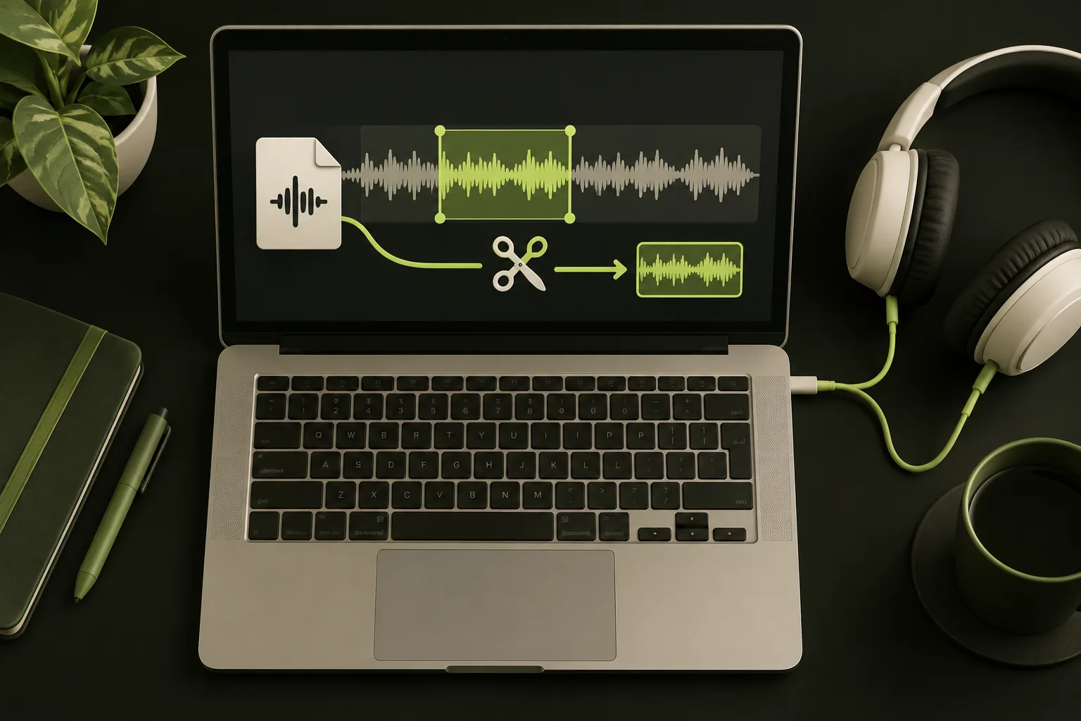 ノートパソコン内で音声ファイルを一つのクリップに切る図。
