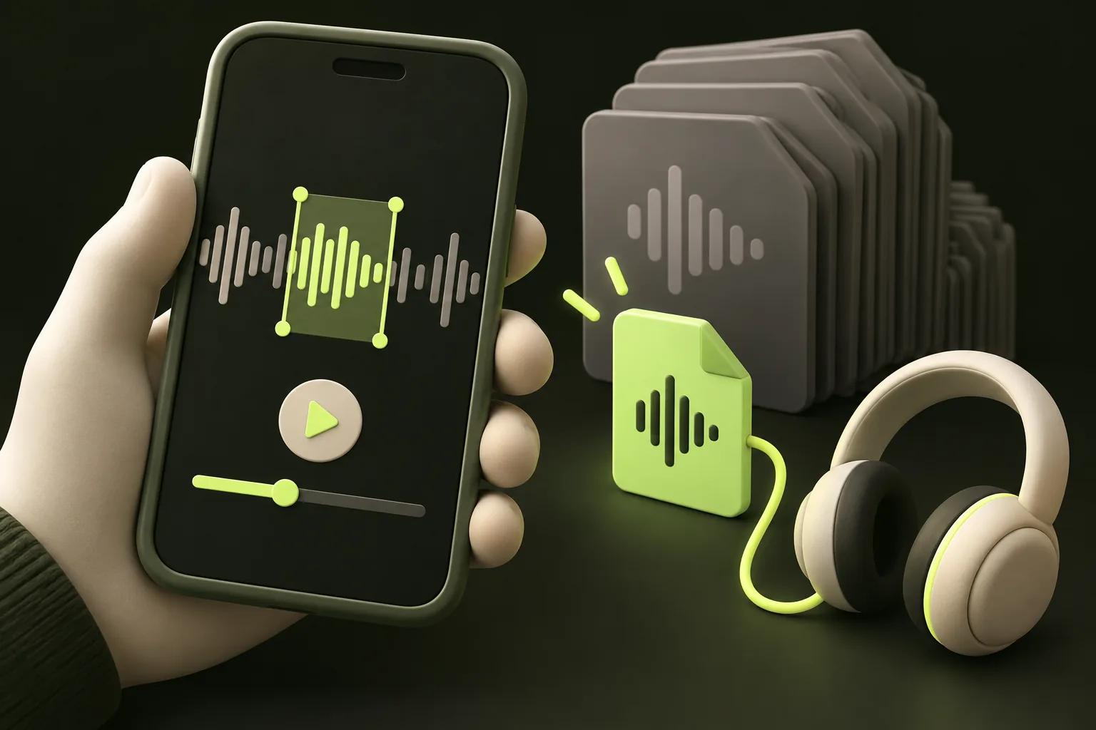 大きな録音ではなく短い音声を選び、スマートフォンとヘッドホンで確認する図。