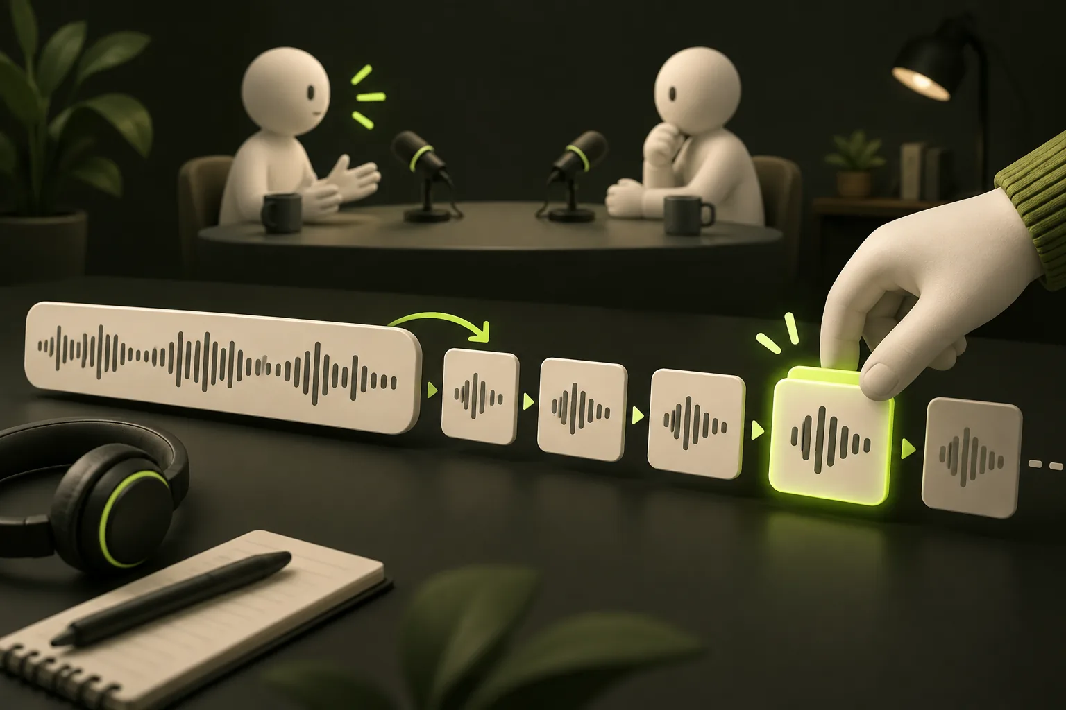 An interview recording becomes ordered clips that a reviewer checks one by one.
