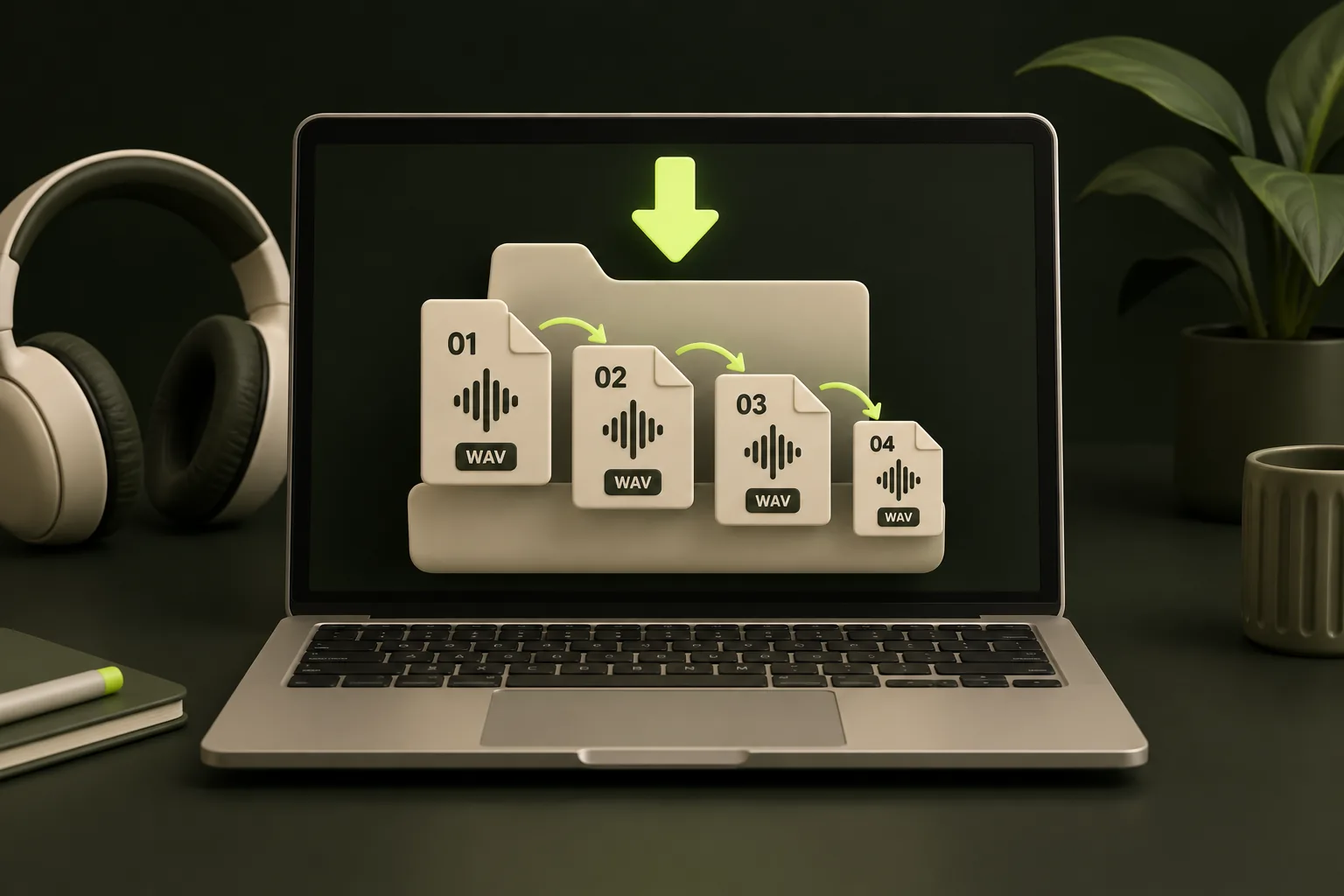 Four WAV file tiles are ordered 01 through 04, with the final file smaller than the others.