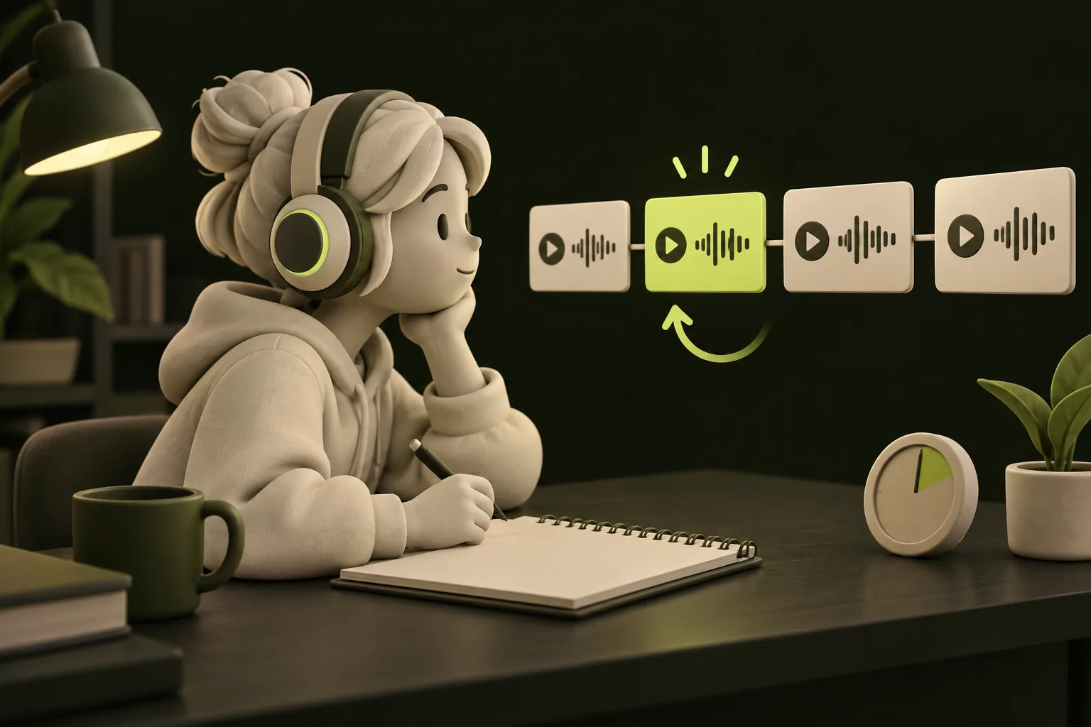 A learner listens to one highlighted audio part while the remaining clips stay in sequence.
