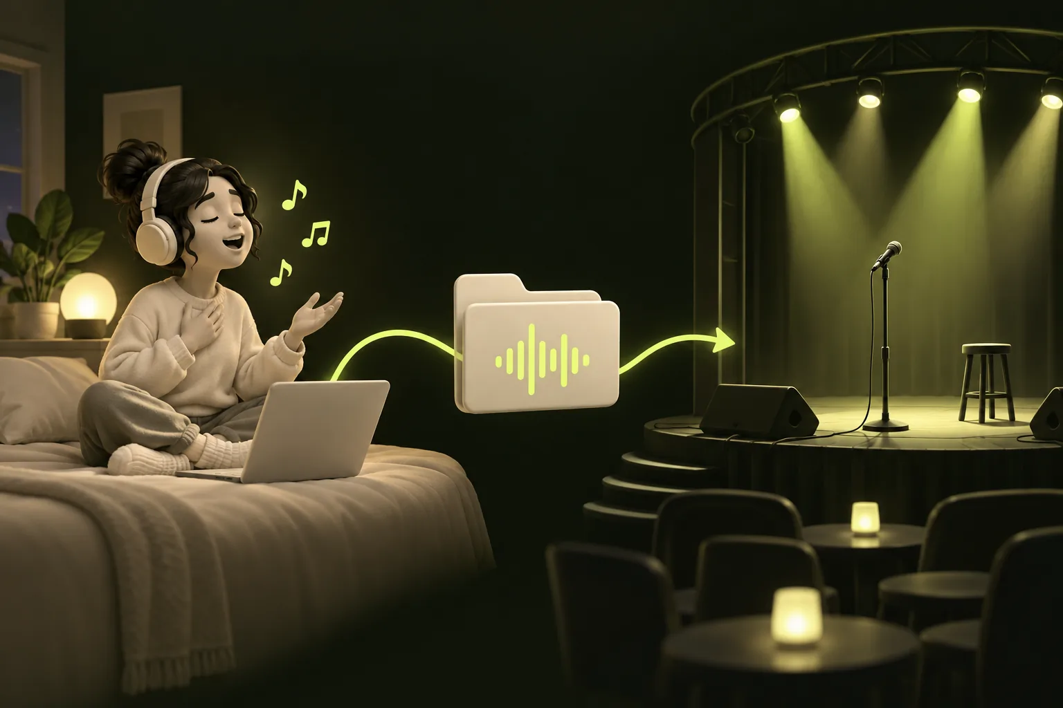 A home singing practice scene is contrasted with an empty public stage to prompt checking the rights for the intended use.