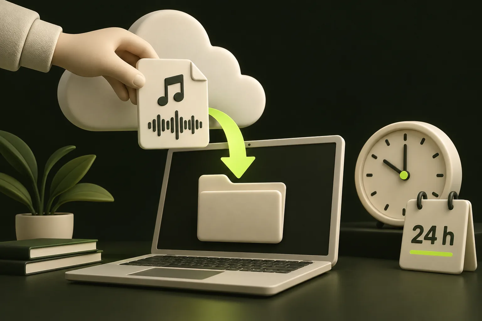 A backing-track file is saved to a local folder beside a clock marking the available access window.