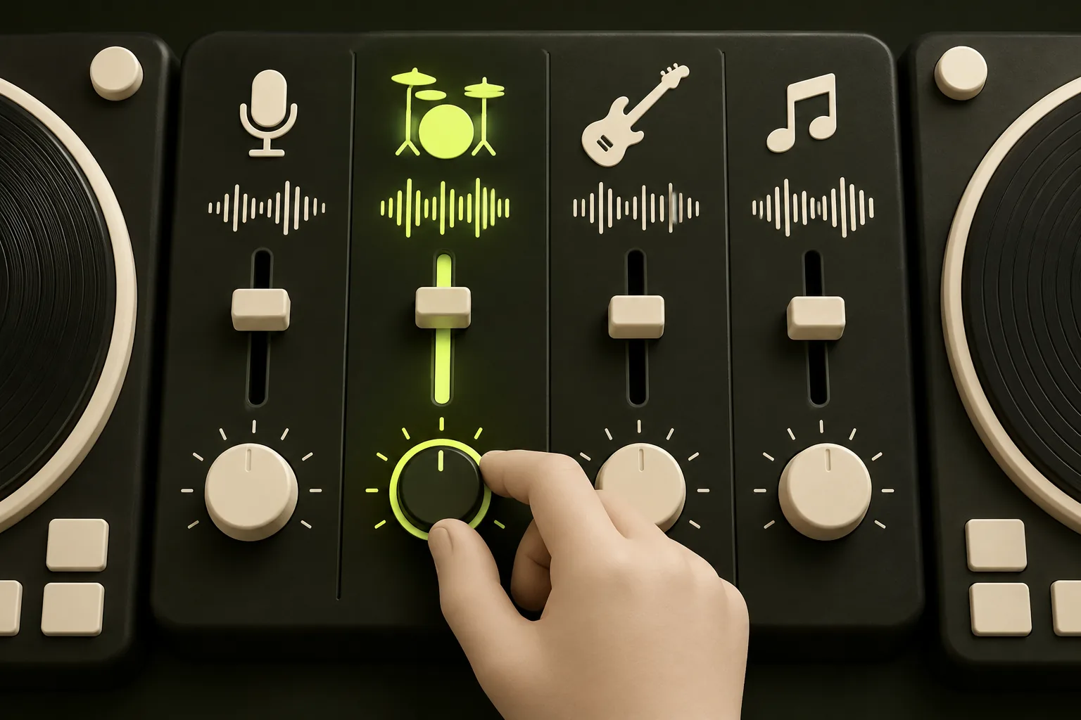 A generic DJ controller selects a drum part among several separate parts, illustrating a workflow outside this two-track tool.
