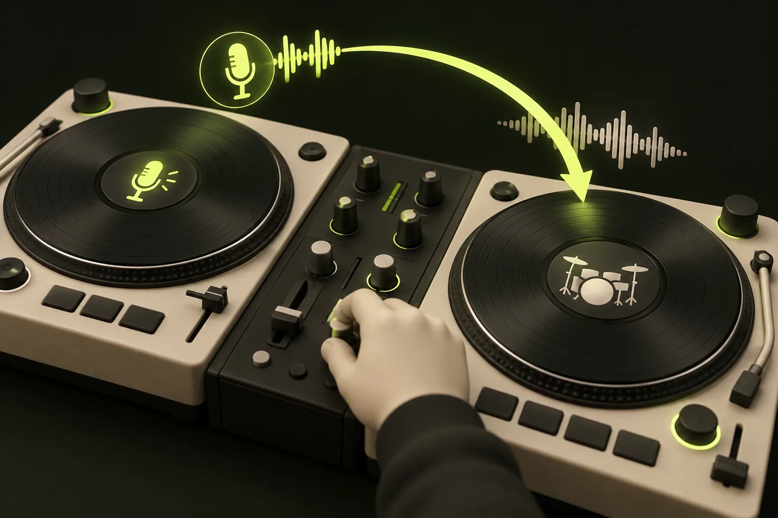 A DJ blends a vocal from one deck with music from another using a generic controller.