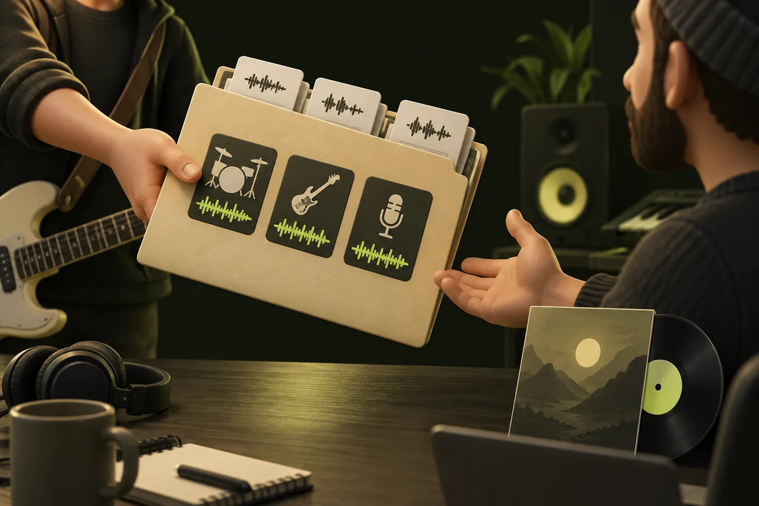 A musician provides original grouped audio files from a studio folder rather than extracting them from a finished song.
