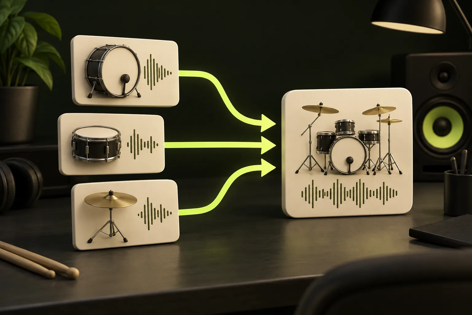 Separate kick, snare and cymbal recordings merge into one grouped drum stem.